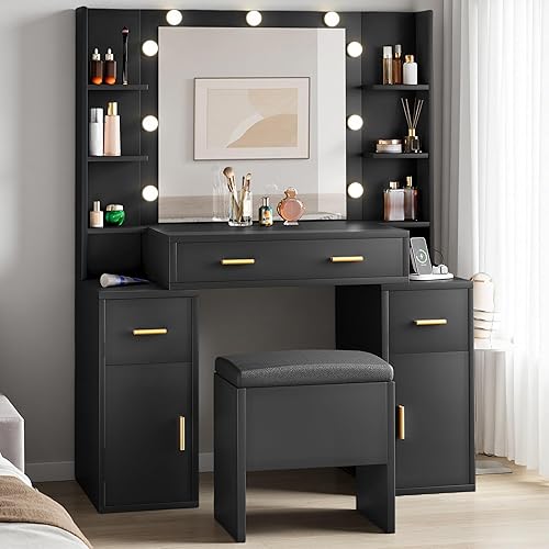 DWVO Makeup Vanity Set with Mirror & 3-Mode Lights, Vanity Desk with Storage Stool, Power Outlet, Shelves, Drawers & Hair Tool Holder, Dressing Table for Apartment Dorm Guest Room, Black