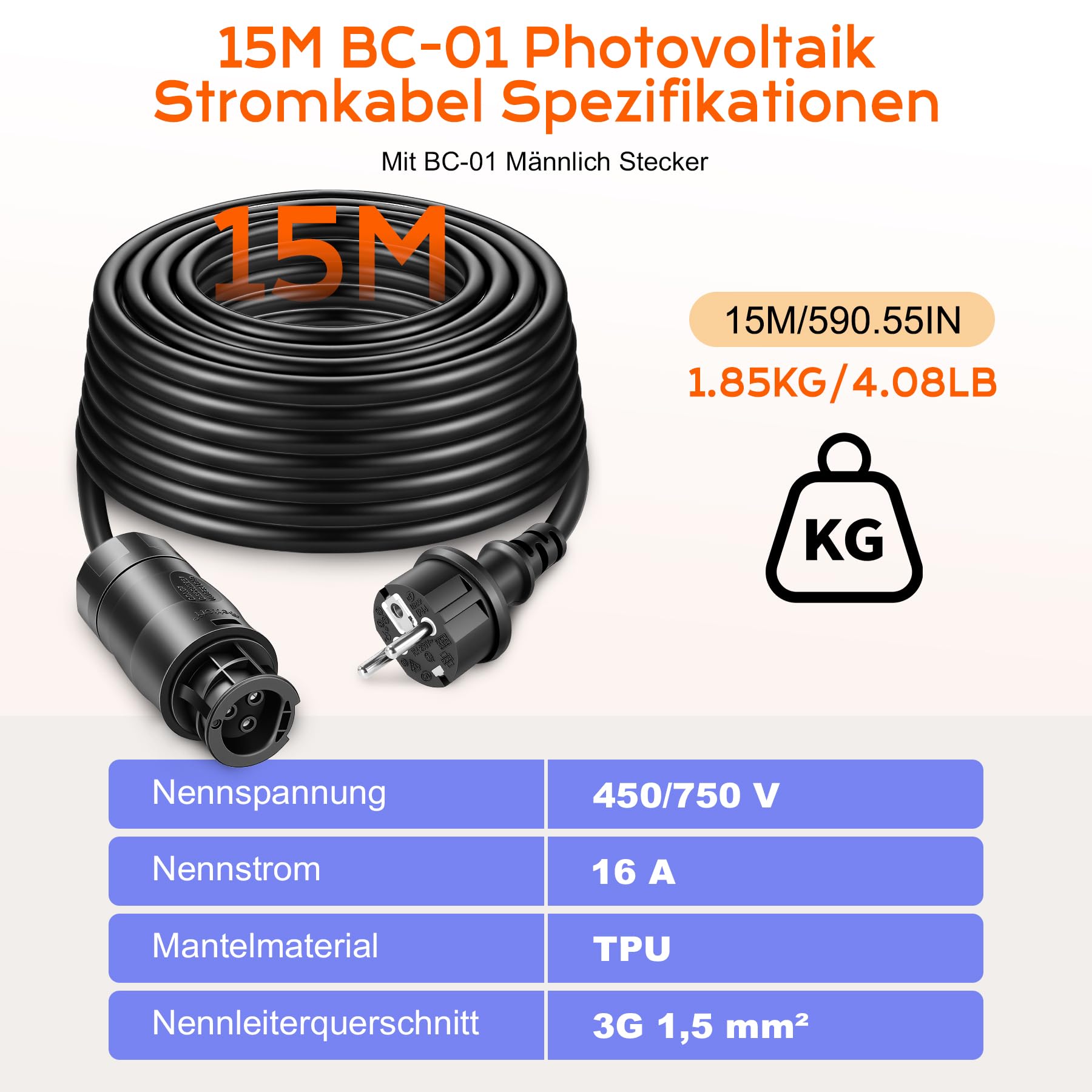 BC-01 kabel 15 m, BC01 z gniazdem wtykowym z zestykiem ochronnym, kabel przyłączeniowy do elektrowni balkonowej Betteri BC-01 odpowiedni do wielu mikrofalowników