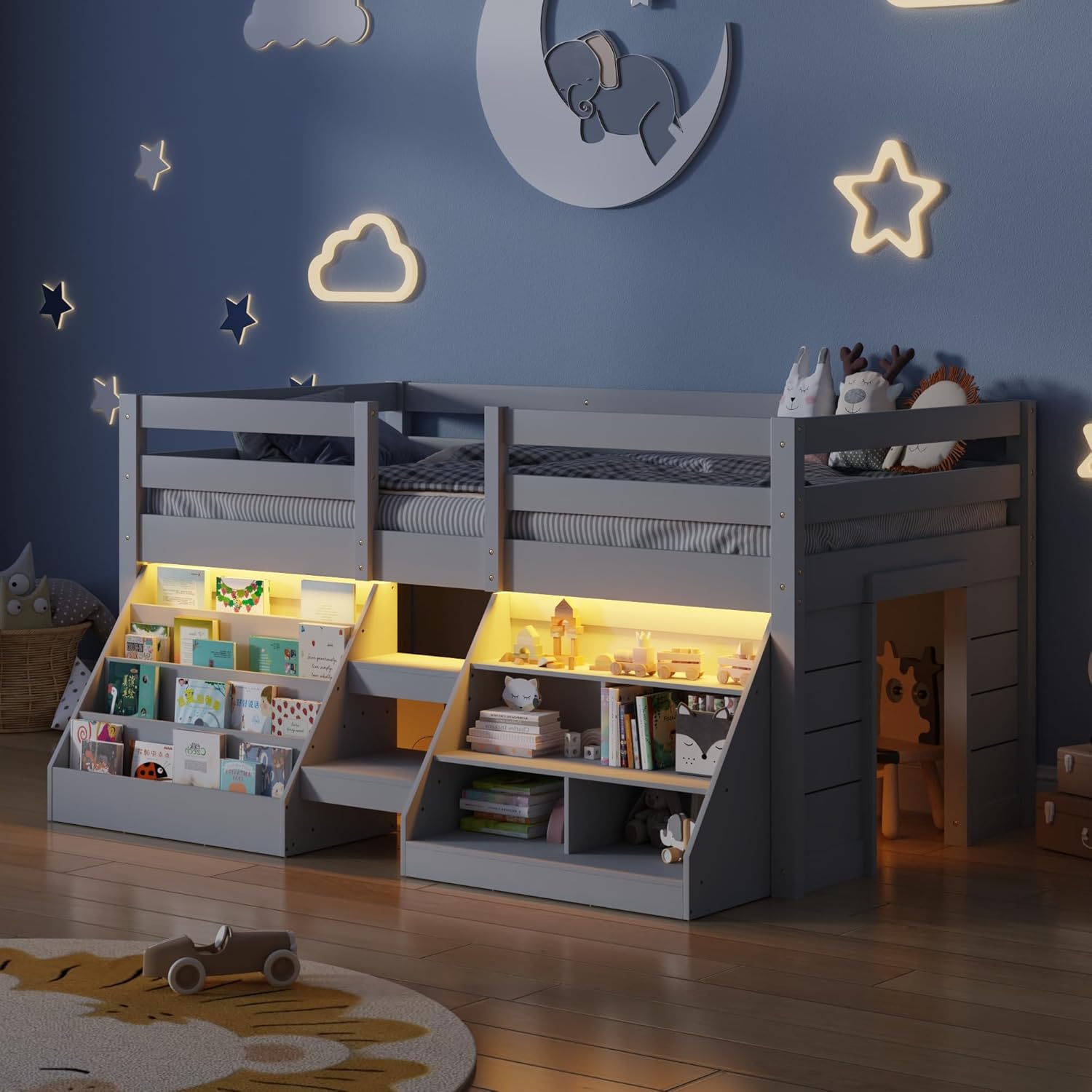 St.Mandyu Twin Size Low Loft Bed with LED Lights, Twin Loft Bed with Stairs, Bookcase, Safety Guardrail and Under-Bed Play Space, Grey