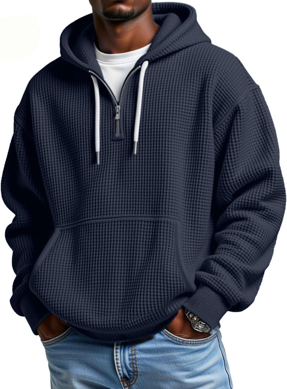 Oversized Sweatshirts Waffle Quarter Zip Pullover Men Athletic Long Sleeve Mokaloha Shirts Drawstring Texture Hoodies