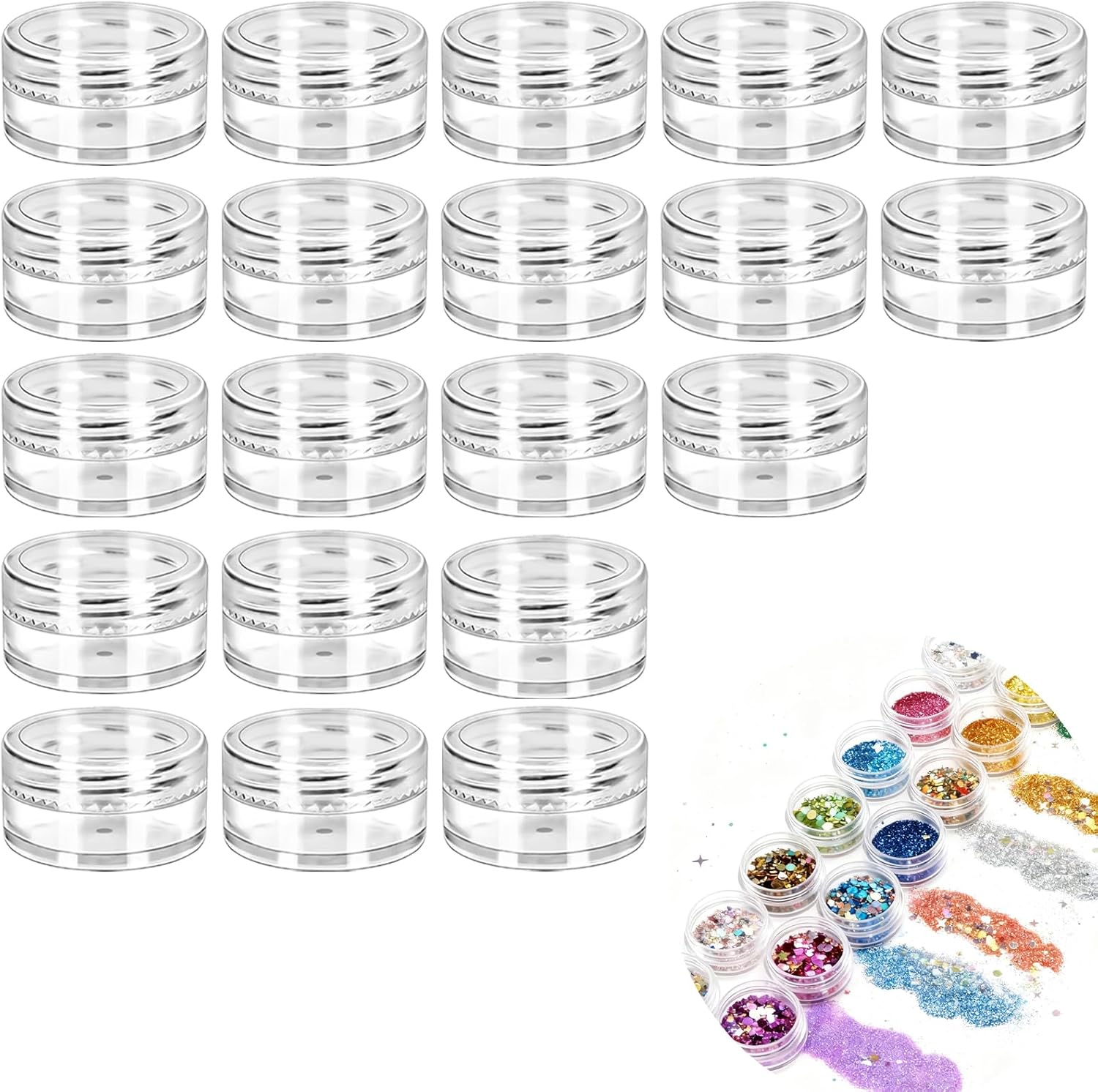 20 Pcs Tarros Cosméticos Rellenables,Frascos de Viaje de Plástico Transparente,10 g Mini Botellas Cosméticas Redondas con Tapas Redondas para Cremas,Lociones,Polvos,Brillos