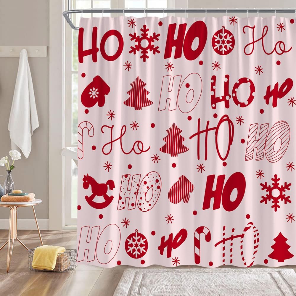 Red Christmas Shower Curtain Funny Ho Ho Snowflake Vintage Rustic Winter Holiday Bathroom Decor Fabric Curtain with Hooks