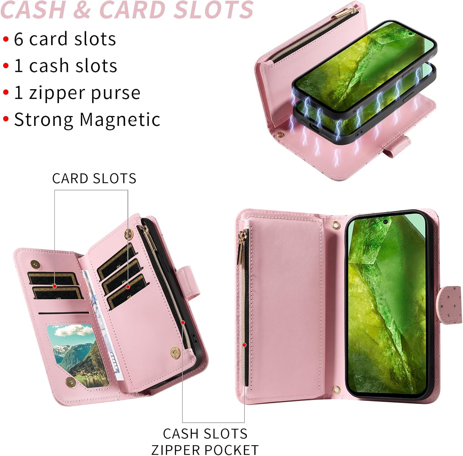 Asuwish Compatible with Google Pixel 8A Wallet Case Zipper Detachable Cell and Tempered Glass Screen Protector Crossbody Strap Glitter Flip Card Holder Phone Cover for Pixel8A A8 5G Women Rose Gold