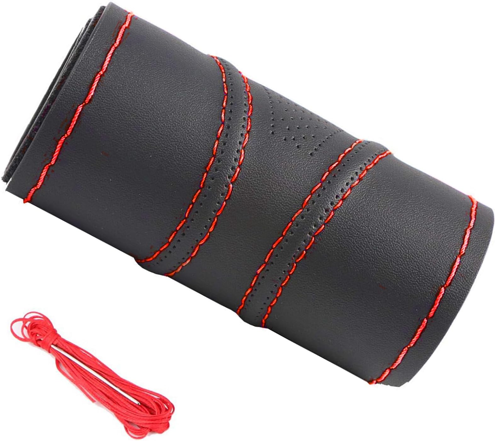 15 Inch Universal Micro Fiber Leather Car Steering Wheel Cover Stitch On Wrap with Needle & Thread Anti-Slip Auto Steering Cover for Woman DIY Red Line
