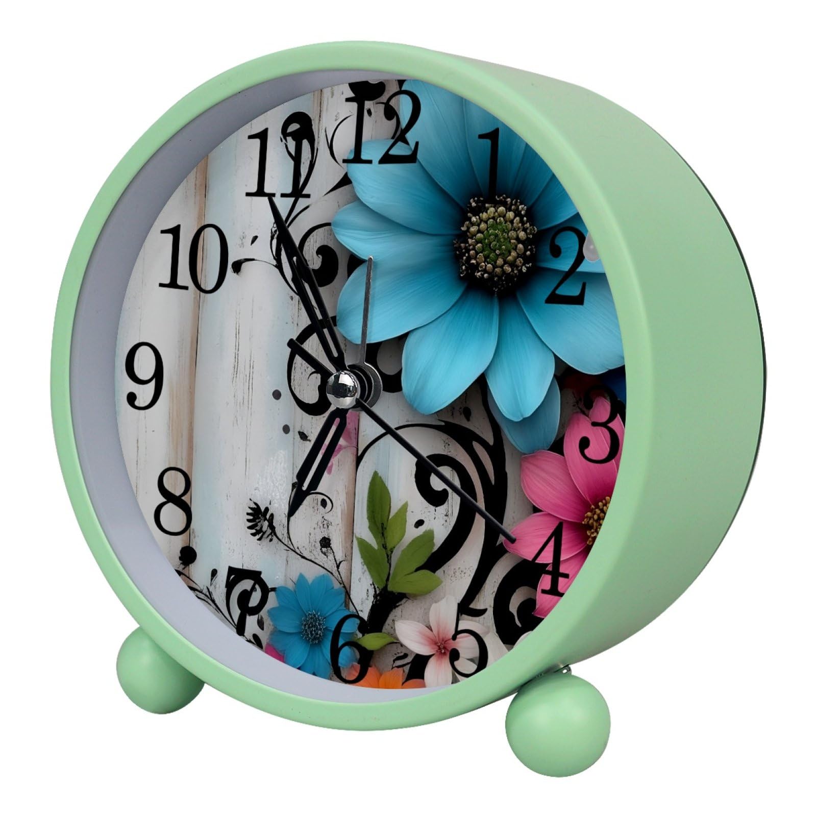 etoenbrc Rural Wooden Wildflowers Floral Round Battery Operated Bedside Alarm Clock Non-Ticking Desktop Silent Analog Alarm Clock with Light