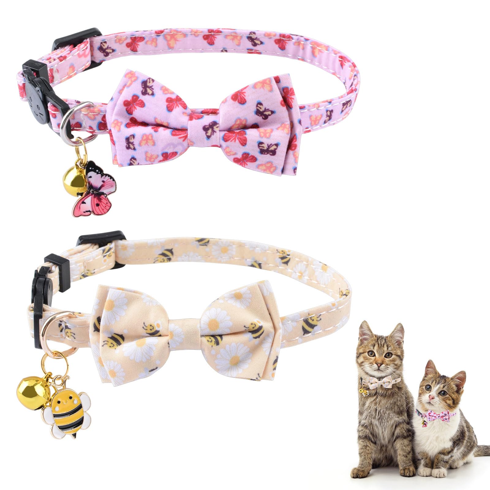 HACRAHO Bowtie Cat Collar with Bell,2 PCS Butterflies and Bees Patterns Leather Cat Bandana Collar Adjustable Breakaway Kitten Collars with Removeable Bow Pink Girl Cat Collars(Pink & Yellow)