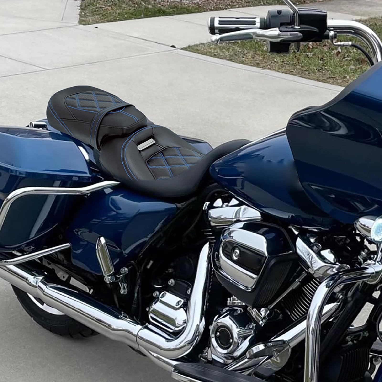 Niskoprofilowy zestaw siodełka pasażera pasuje do Harley Touring Road King FLHR Street Glide FLHX Road Glide FLTRX CVO Street Glide FLHXSE Electra Glide 2009-Później (niebieskie szwy)