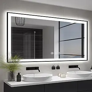 60x30 Large LED Bathroom Vanity Mirror - Black Aluminum Framed, Anti-Fog Illuminated, Stepless Dimmable, 3 Colors Smart (Horizontal/Vertical)