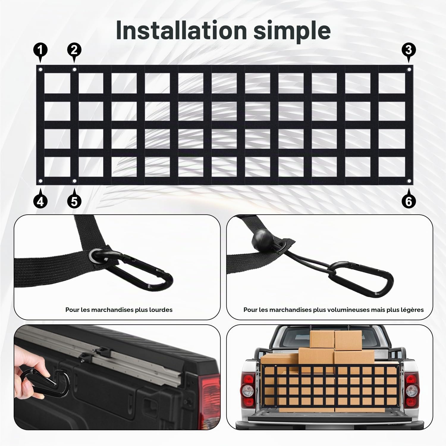 Tailgate Filet cargo pour la plupart des camions de taille moyenne, 160 x 45 cm, compatible avec Ford, Chevy, Dodge, Ram - Filet d'extension de porte de queue pour lit de pick-up - Noir