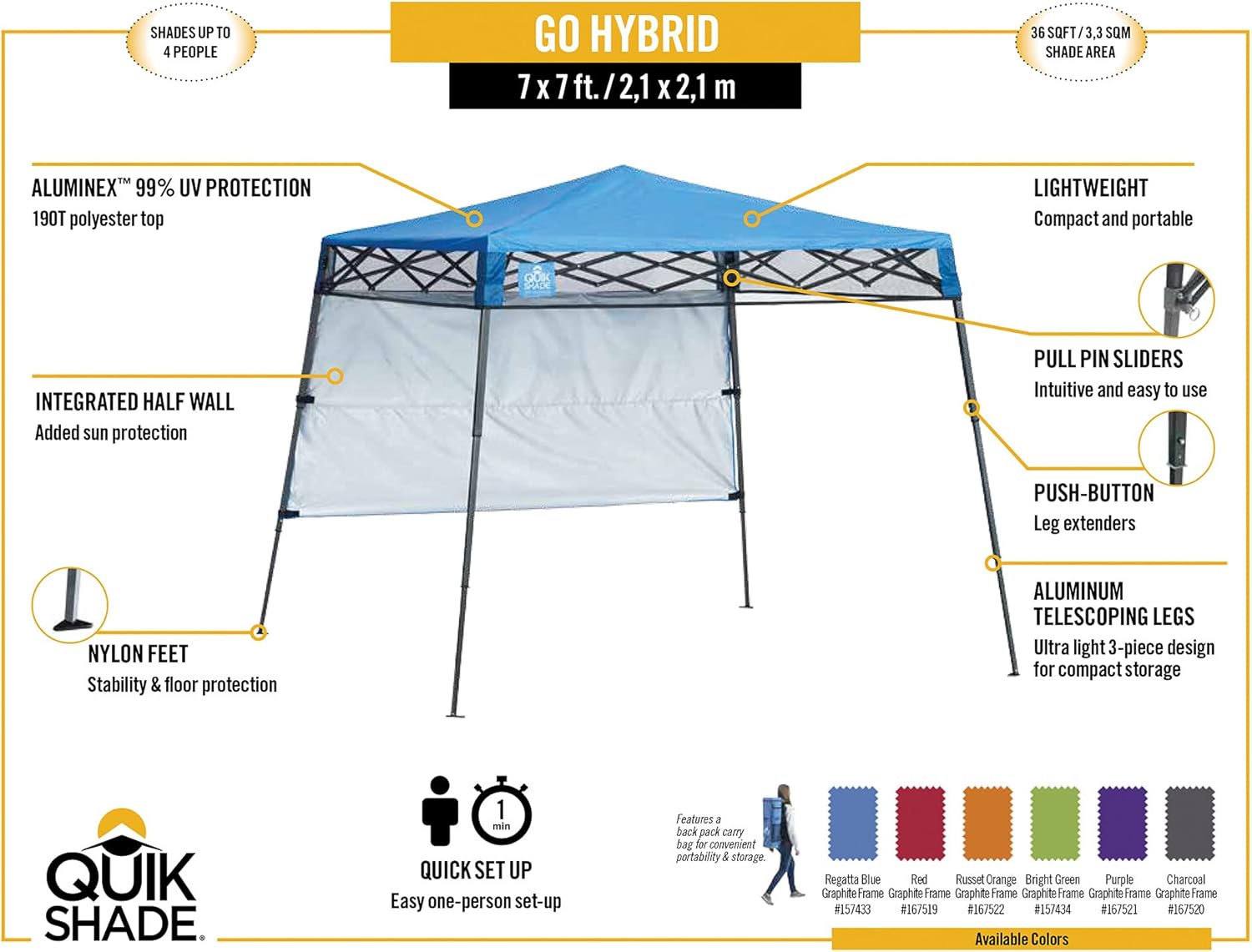 Quik Shade Go Hybrid 6' x 6' Sun Protection Pop-Up Compact and Lightweight 7' x 7' Base Slant Leg Backpack Canopy, Regatta Blue