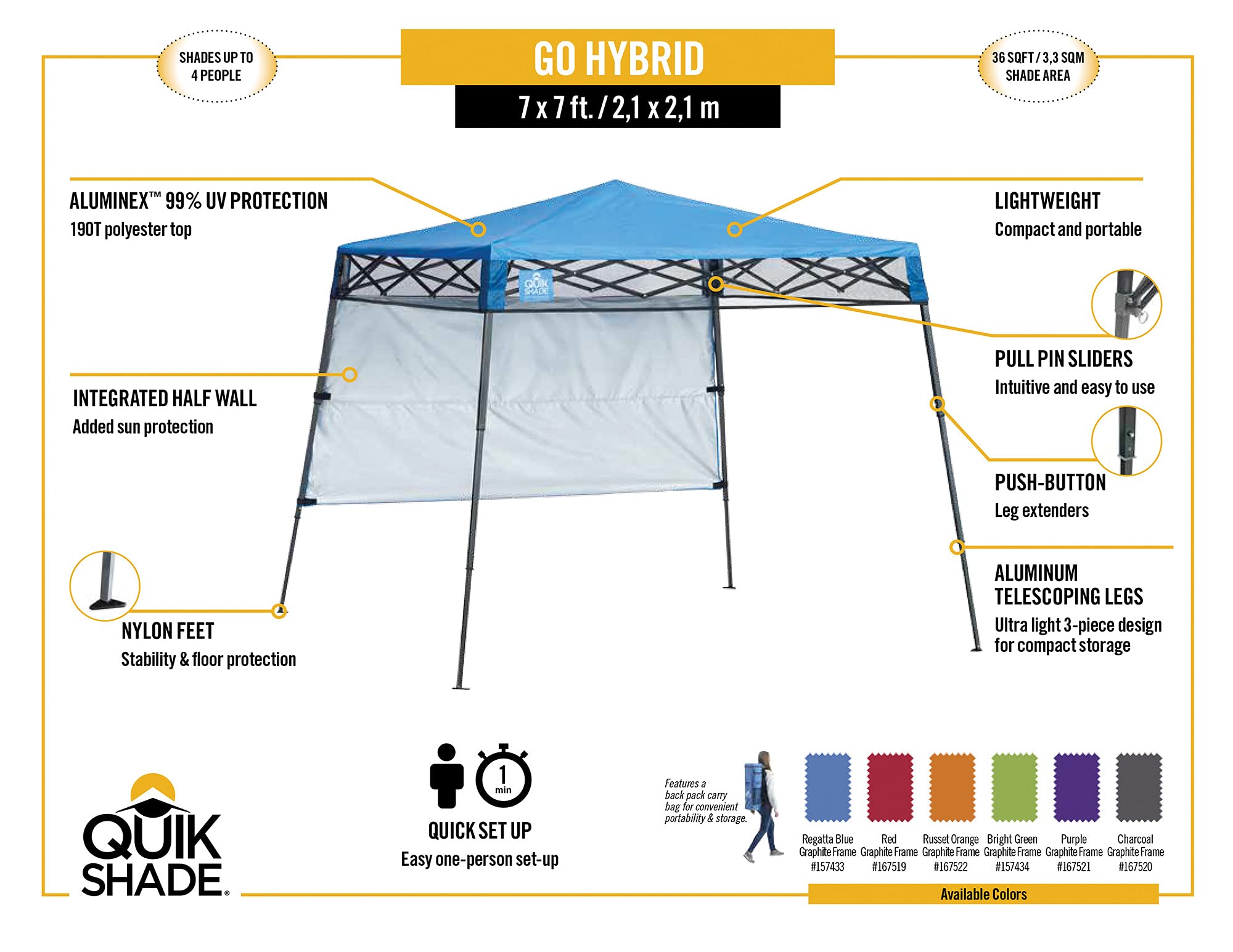 Quik Shade Go Hybrid Sun Protection Pop-Up Compact and Lightweight Base Slant Leg Backpack Canopy