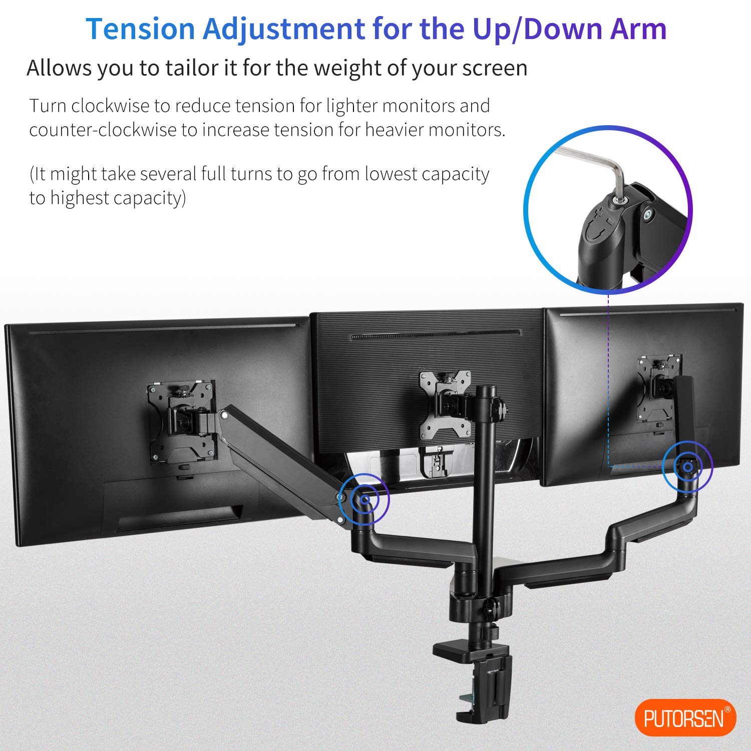 PUTORSEN Monitor Mount 2 Monitors For 17 To 49 Inch Screen, Gas Spring Dual Monitors Table Mount, Height Adjustable Swivel Monitor Mount, Weight 2-20 Kg Per Arm, VESA 75/100 Mm