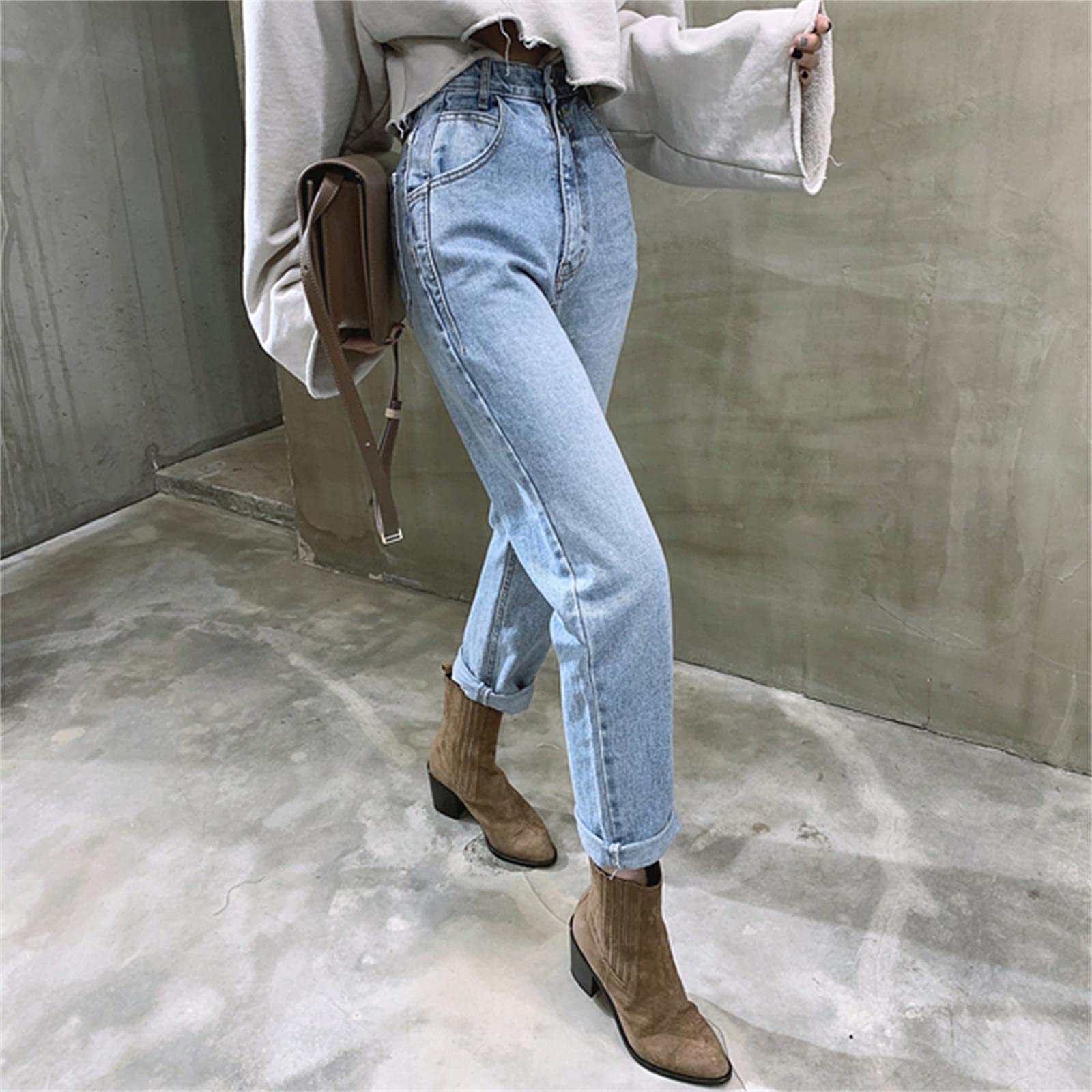 UKKO Jeans da Donna Pantalone Annata dei Jeans Dritto della Vita Alta per Le Donne Streetwear Streetwear Shoes Shouser