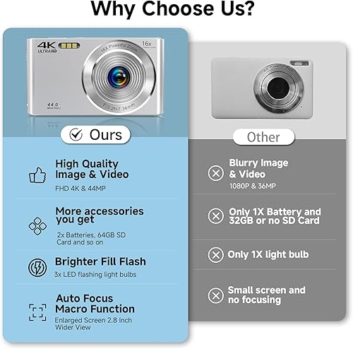 Miniatura 6 de Cámara digital, cámaras digitales de enfoque automático 4K 44MP 2025 para adolescentes, cámara plateada de punto y disparo para niños con zoom de