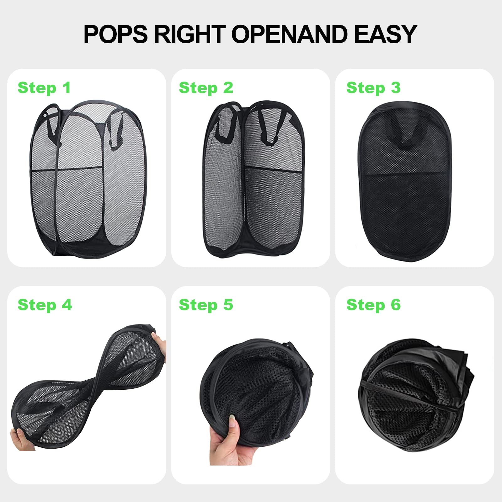 Pop-Up Collapsible Laundry Basket - Tear-Proof Hamper With Handles For Home, Dorm, Travel, Black