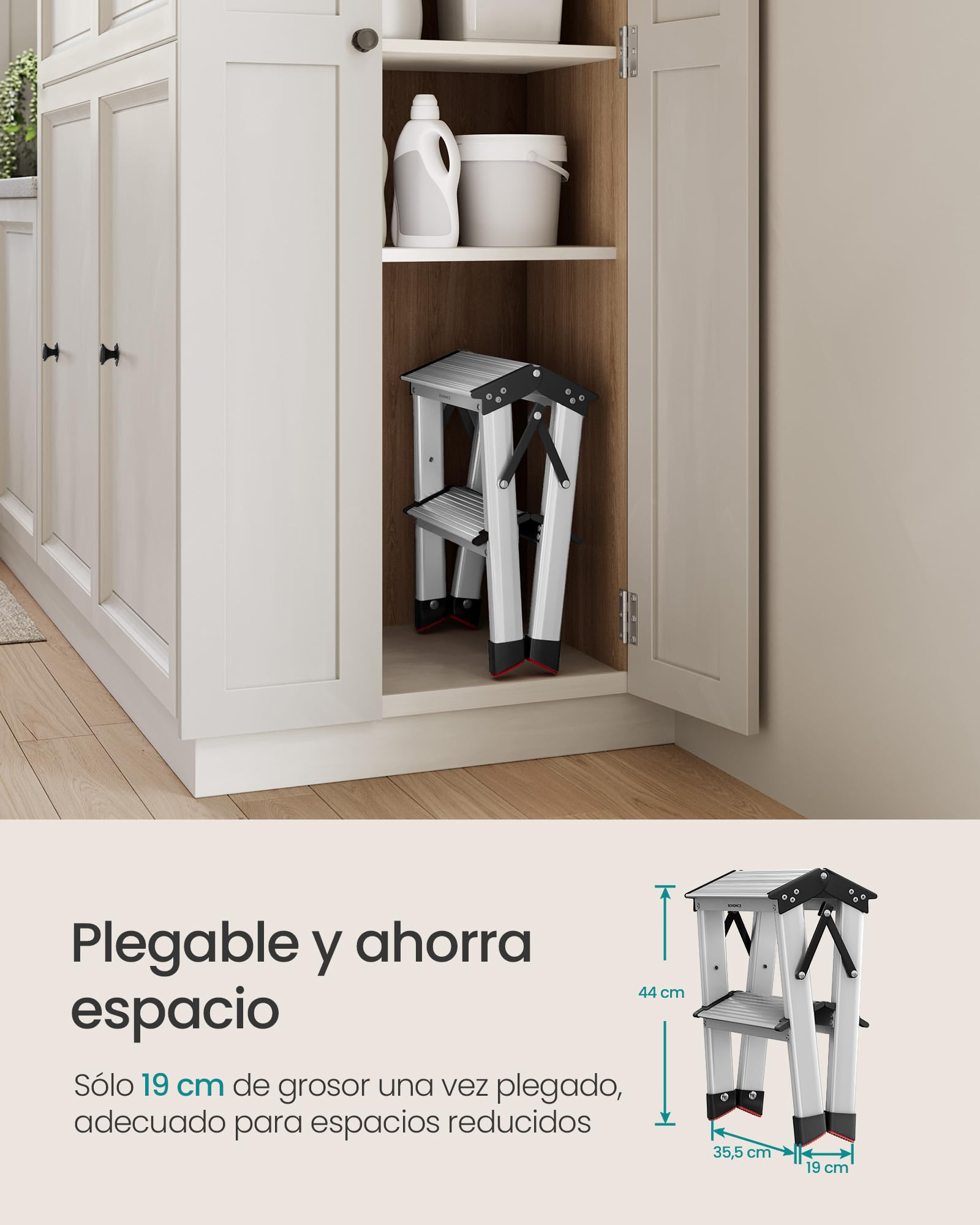 SONGMICS Escalera Plegable, Escalera de Mano, Escalera de Aluminio con 2 Peldaños Antideslizantes, Multifuncional, Carga de 150 kg, Gris Plata y Negro Tinta GLT012E01
