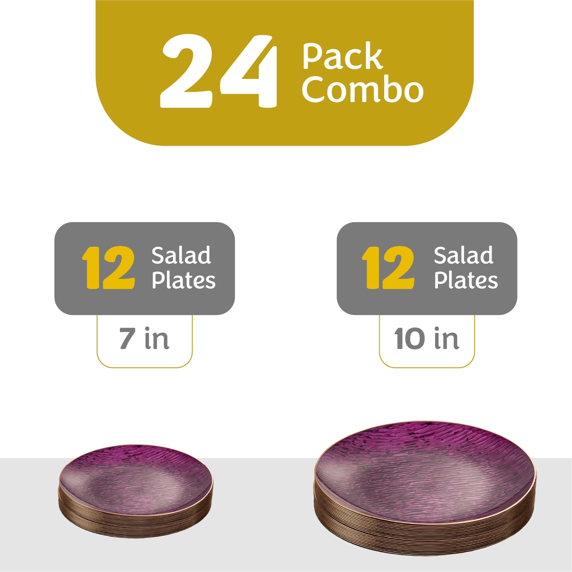 PLASTICPRO 24 Pieces Elegant Plastic Plates for Party Purple with Gold Rim Includes 7" inch and 10" inch Fancy Plastic Plates Disposable Dinnerware