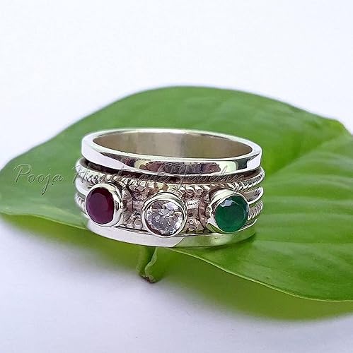 Miniatura 2 de Multi Gemstone Spinner Ring, Anxiety Ring, Ruby Band Ring, 925 Sterling Silver Band, Spinner Ring For Women, Gift Ring For Mother's Day, Fidget