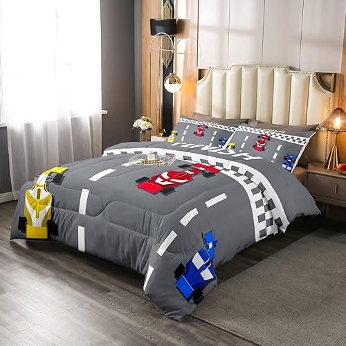 Juego de ropa de cama juvenil con auto de carreras de Fórmula Racer, juego de edredón de plumón para niños y niños, edredón acolchado para niños y