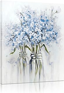 YPY Blue Flowers Canvas Wall Art: Abstract Bouquet in Vase Artwork Print...