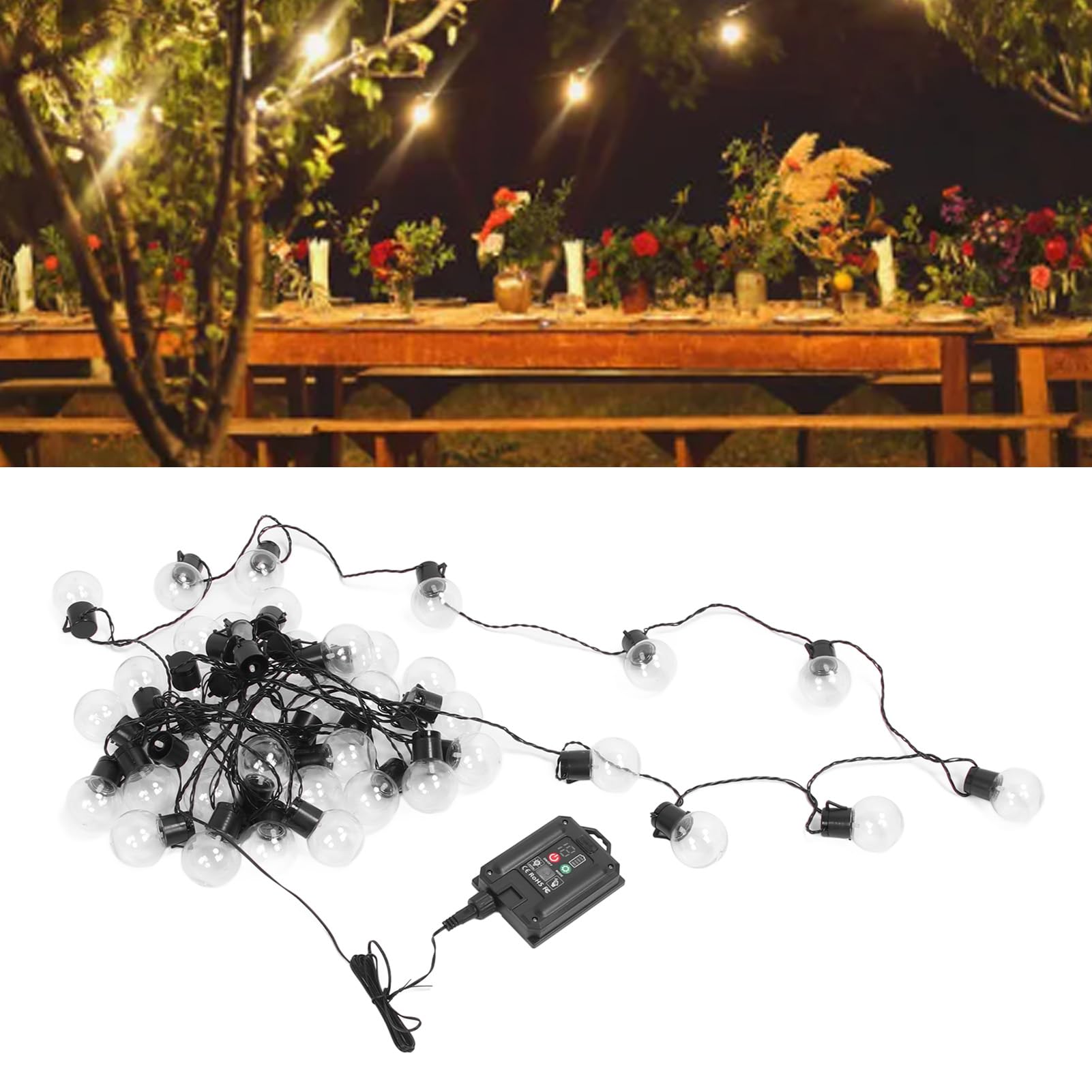 Domary 40 Luci Solari a Stringa LED Lampadine G50 Illuminazione da Esterno per Patio da 32,8 Piedi con Batteria 500 mAh Ricarica USB per la Decorazione del Giardino nel Cortile