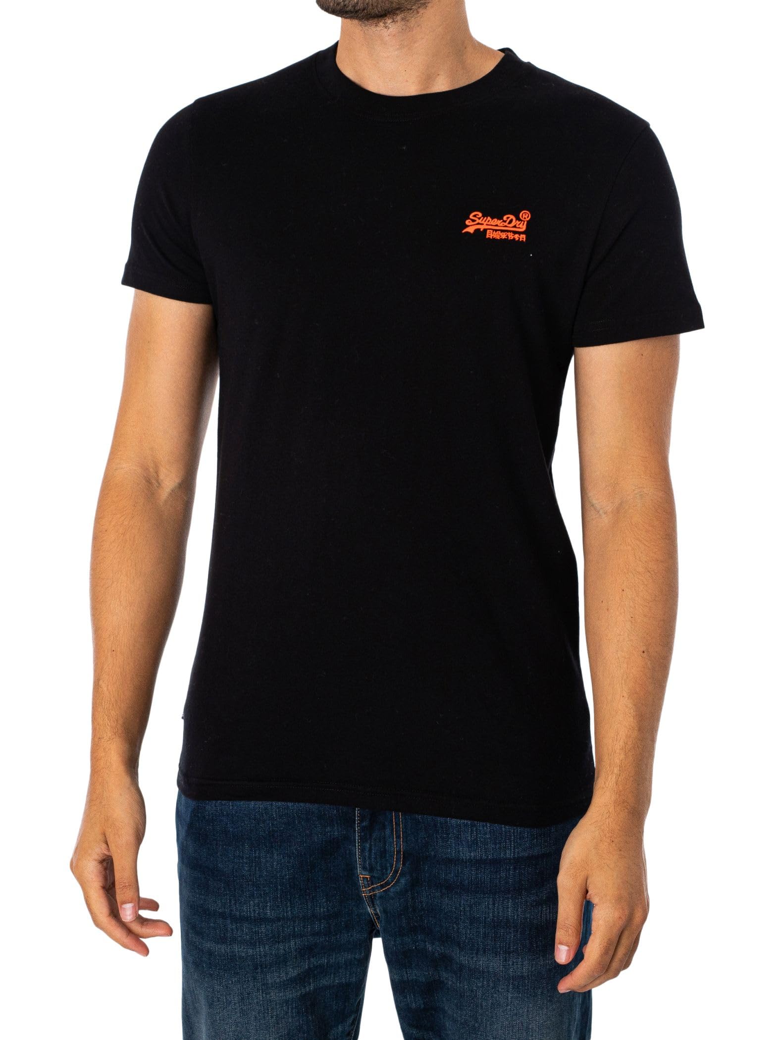 Superdry Essential Logo EMB Tee T-Shirt Male-Adult, Black/Hazard Orange, XL