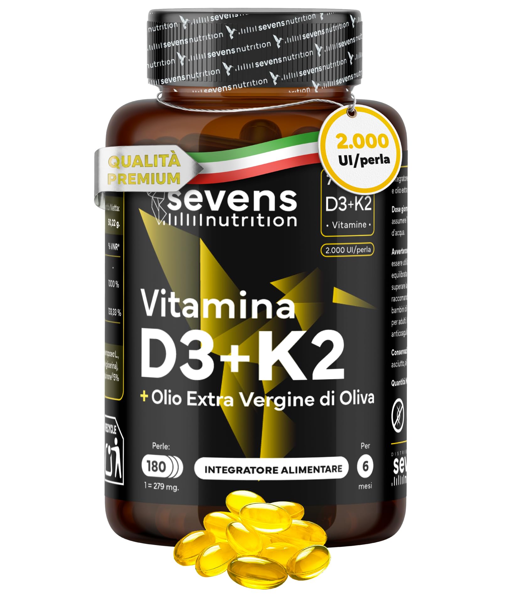 Vitamina D3 K2 - Alto Dosaggio y Assorbimento - Vitamina D3 2.000 U.I. e 100 µg di Vitamin K2 MK7 per Sistema Immunitario, Ossa e Denti - Con Olio Extravergine di Oliva - 180 Softgel Senza Glutine
