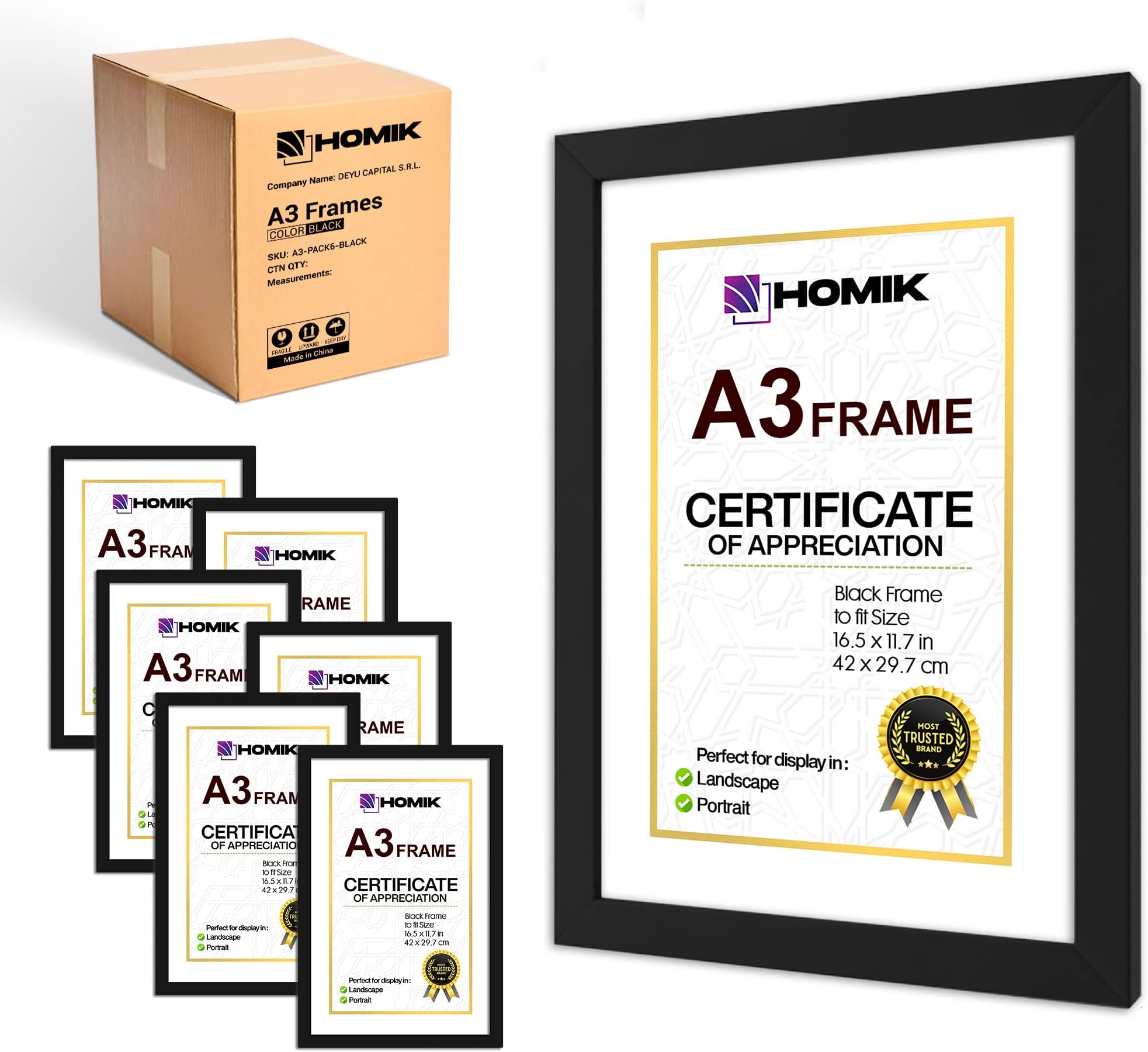 HOMIK Pack of 6 A3 Photo Frames MDF Black A3 Picture Frames Black