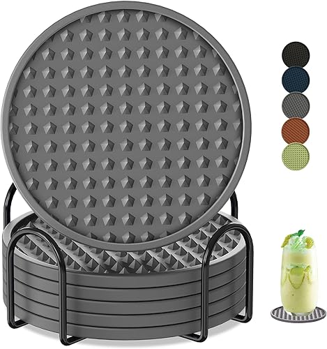 Posavasos para bebidas, paquete de 6 posavasos con soporte, de silicona resistente al calor, protección de mesa, posavasos de goma antideslizante