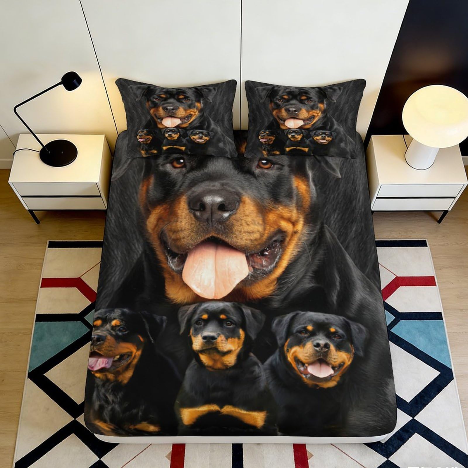 3D Printed Rottweiler Dog Fitted Sheet Microfiber Soft Durable 3D Printed Rottweiler Bed Cover for Bedroom Dormitory Guest Room Mattress Protection 180x200x25cm