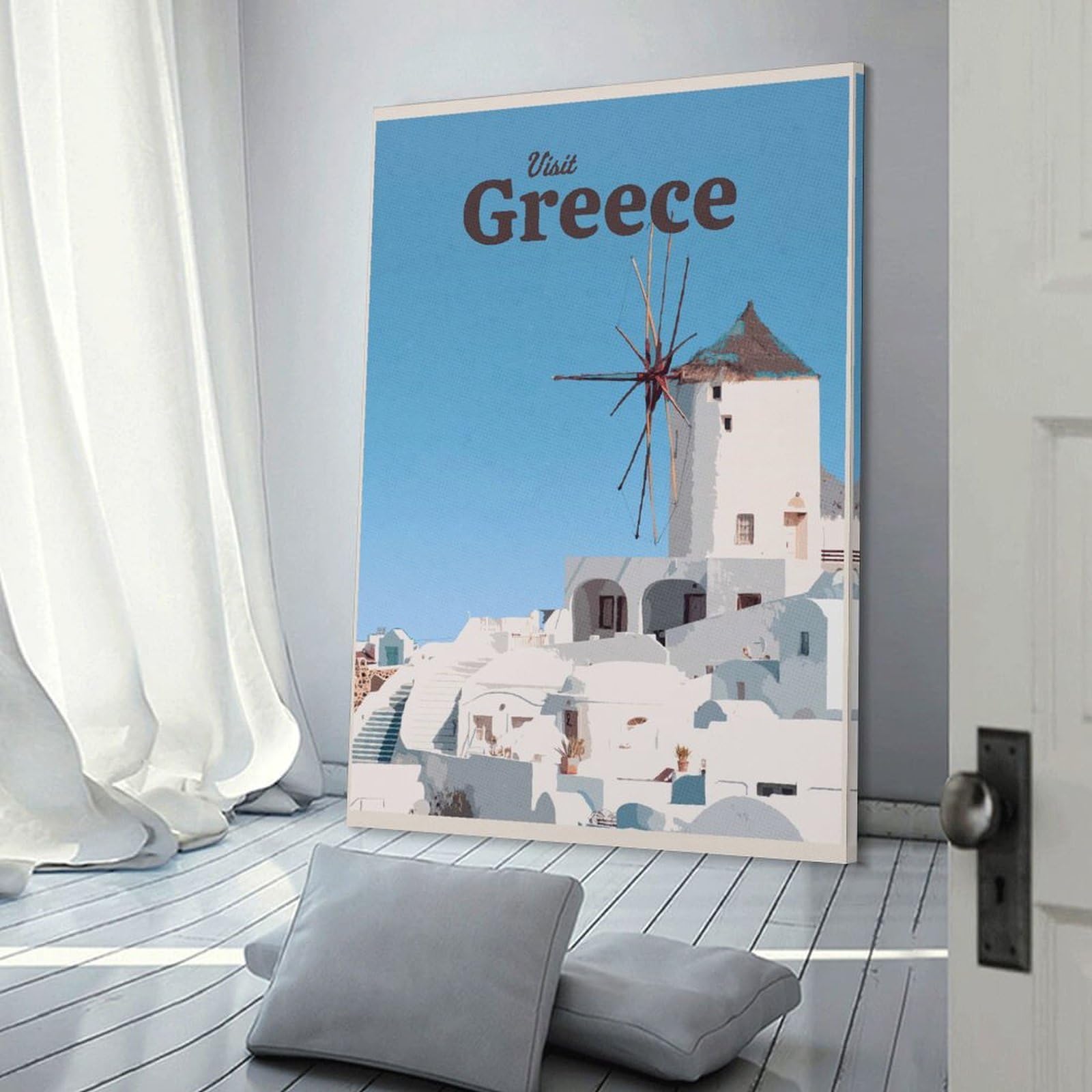 Junmoney Visit Greece Wall Art Print, 12x18inch(30x45cm), for Entryway, Lounge Links Or Small Walls, Decorative Wall Art for Narrow Spaces