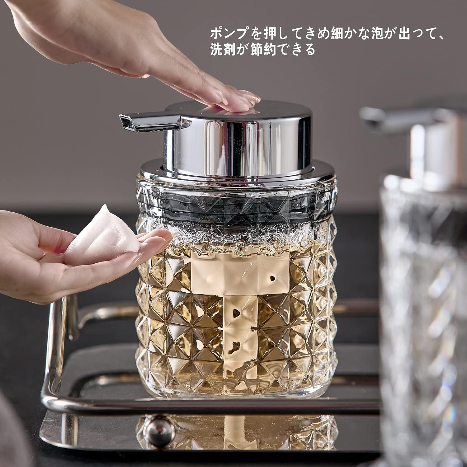 ソープディスペンサー 残量が一目瞭然 ハンドソープ ディスペンサー 広口 シャンプーボトル 手動 ディスペンサー 洗面台 洗剤ボトル ポンプ ディスペンサー シャンプー 食器洗剤 ディスペンサー泡 透明ガラス VOLPONE