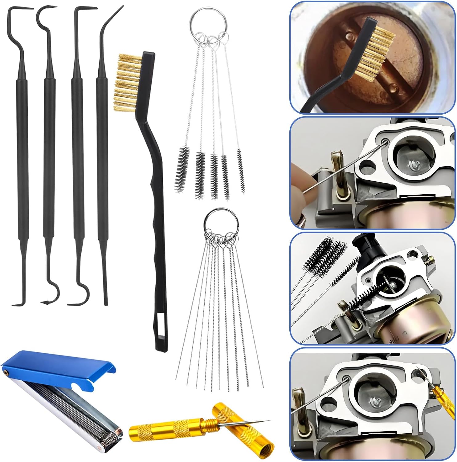 9Pcs Carburetor Cleaning Tool, Carb Jet Cleaning Kit & Welding Tip Cleaner with Stainless Steel Needles, Brushes & Hooks for Motorcycle ATV Chainsaw & Welder Professional