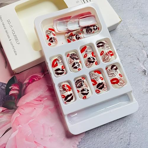 Miniatura 3 de LRKNNO Uñas postizas a presión de San Valentín, uñas postizas cuadradas medianas con labios rojos, diseño de labios rojos brillantes, uñas postizas
