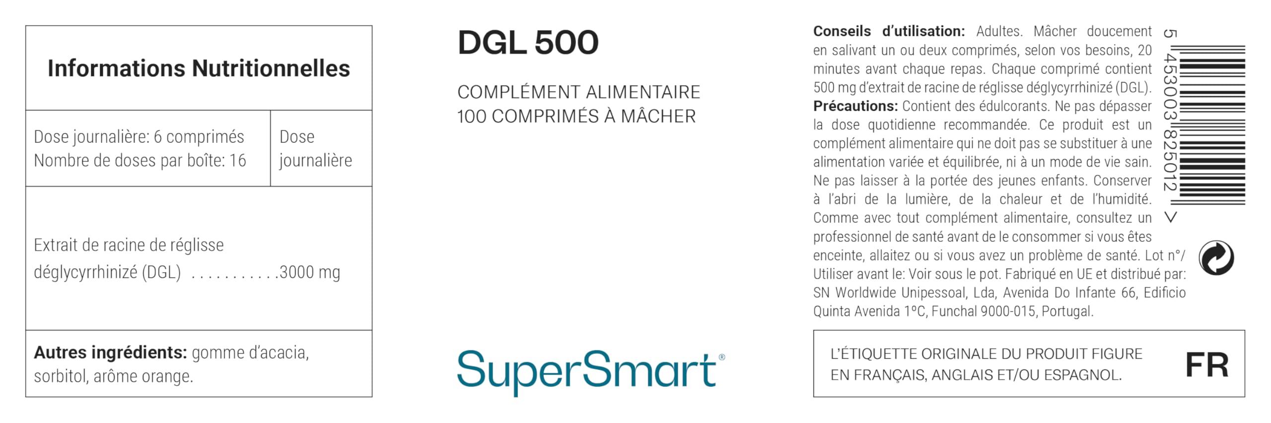 DGL 500 - Extrait de Racine de Réglisse - Reflux Gastro-Intestinal - Contribue à Réduire les Reflux Acides, Douleurs Gastriques, Nausées - Comprimés à mâcher - Vegan - Sans Gluten - Supersmart