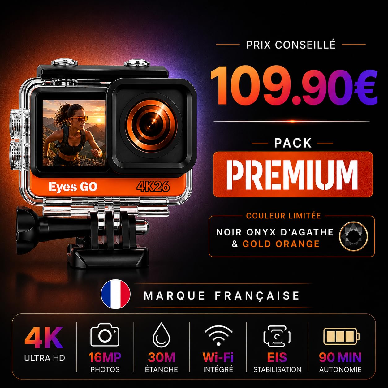 4K26 - Caméra Sport 4K30fps - 20 Accessoires - Photo 16MP - 2 Ecrans Tactile Vlog - Télécommande - Stabilisateur E.I.S 2.0 - Étanche 30M - 5 Heures d'autonomie