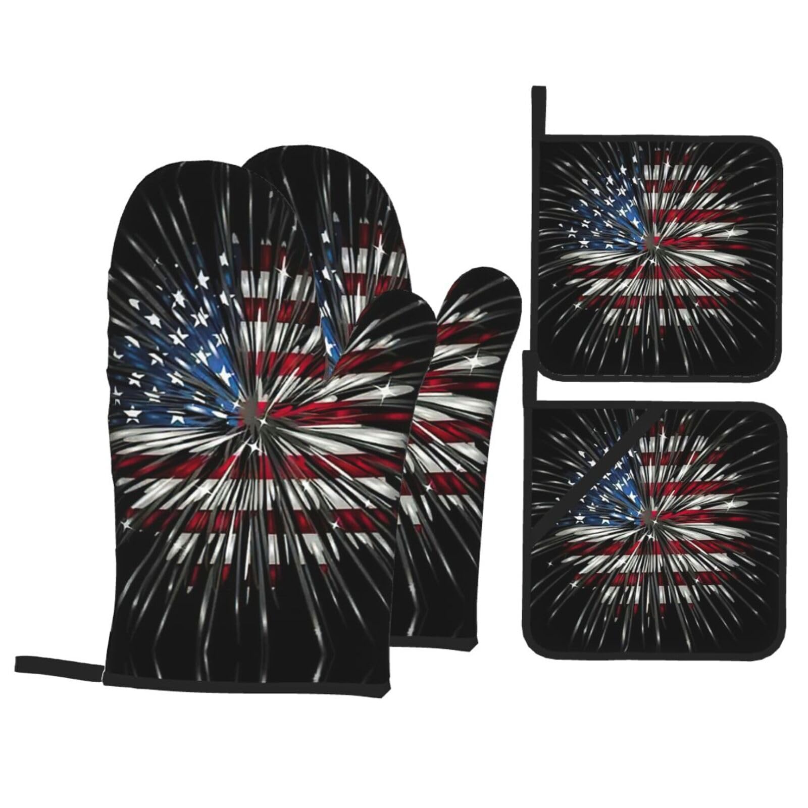 American Flag Firework Print Stylish 4-Piece Microwaving Oven Waterproof Kitchen Gloves Baking Holiday Cooking