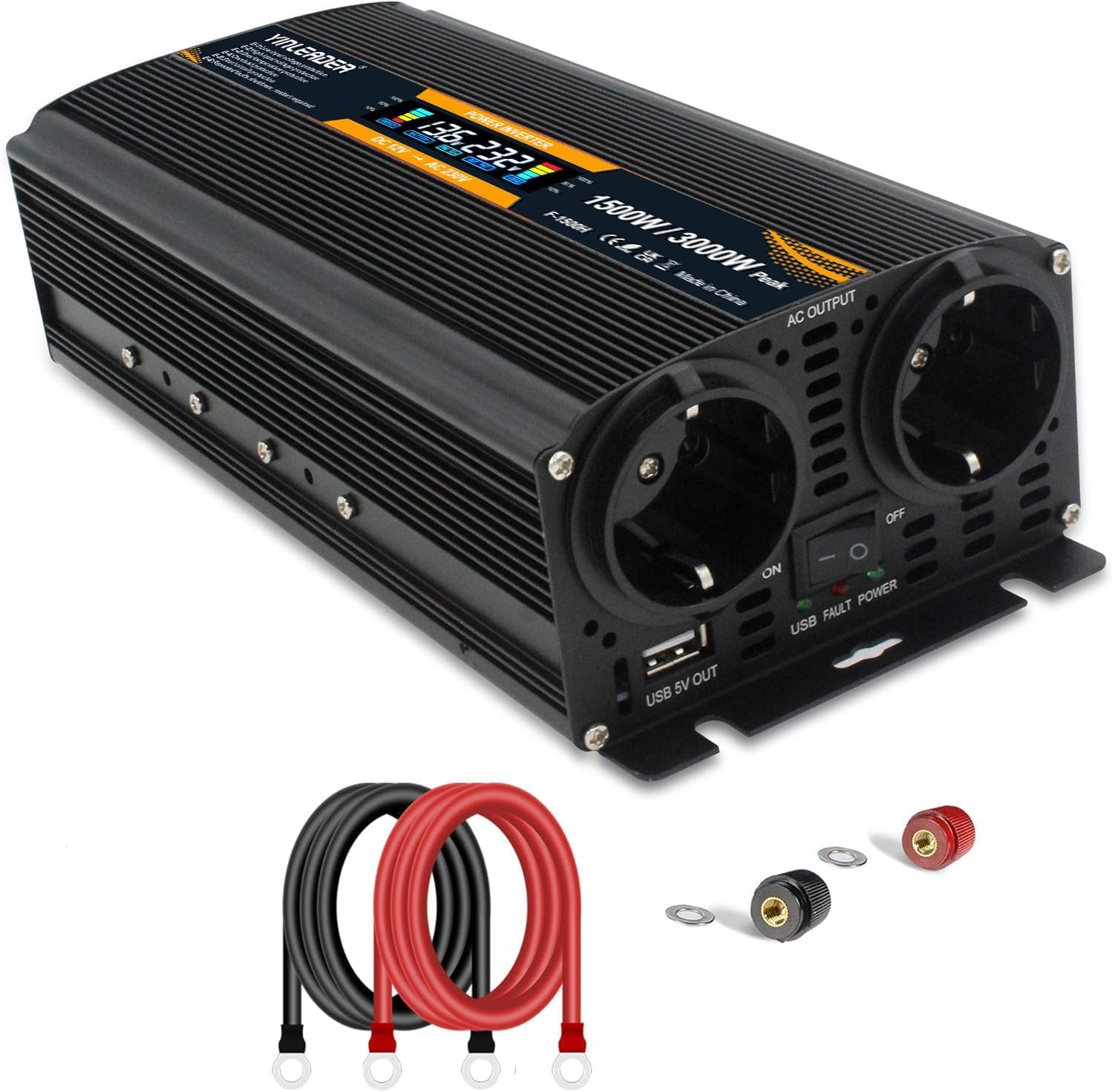 Yinleader convertisseur 12v 220v 1500W /3000W convertisseur de Tension avec écran LCD USB Noir