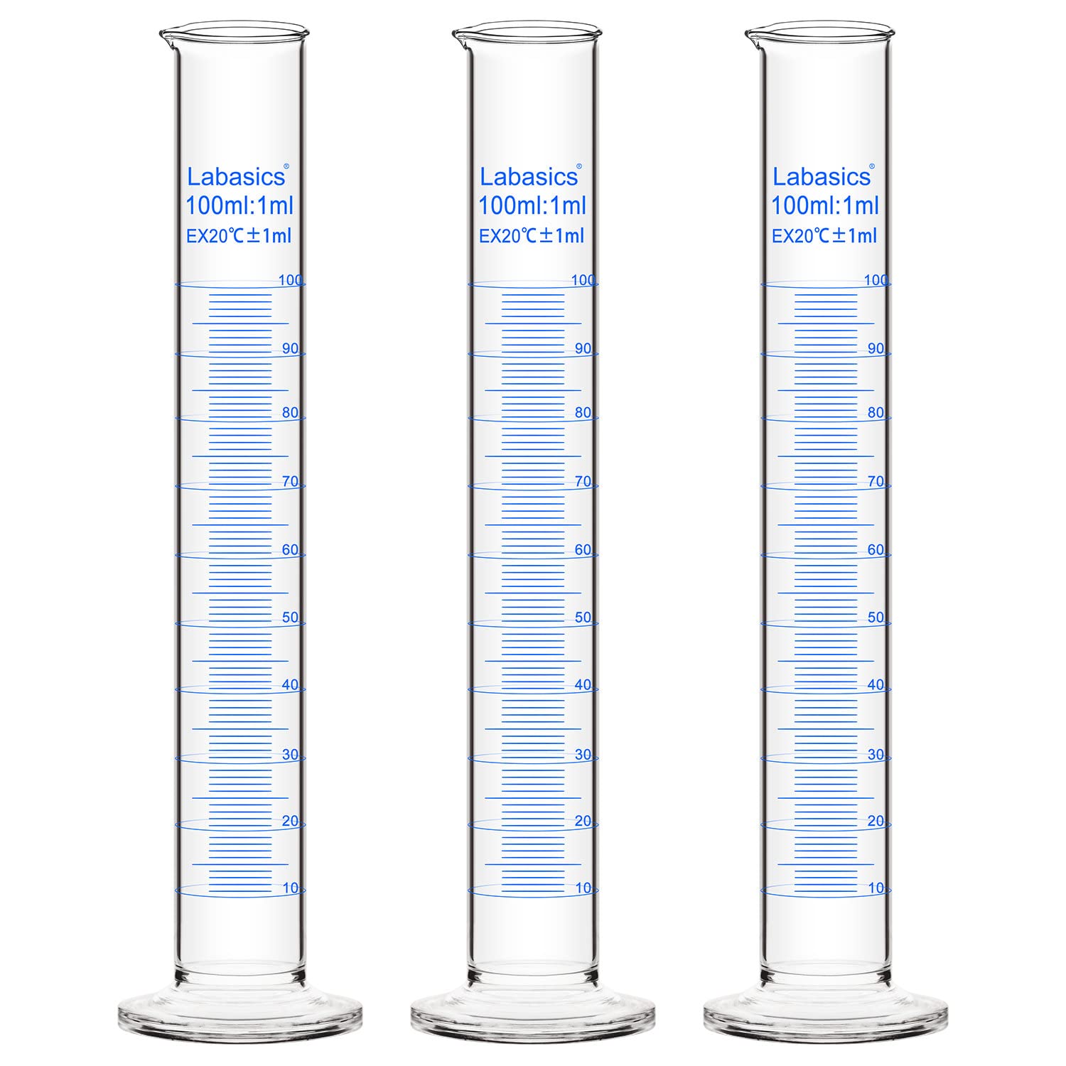 Labasics Messzylinder, 3er-Pack Borosilikat Glas 100 ml Dickwandiger Messzylinder Laborzylinder Lab Graduated Cylinder