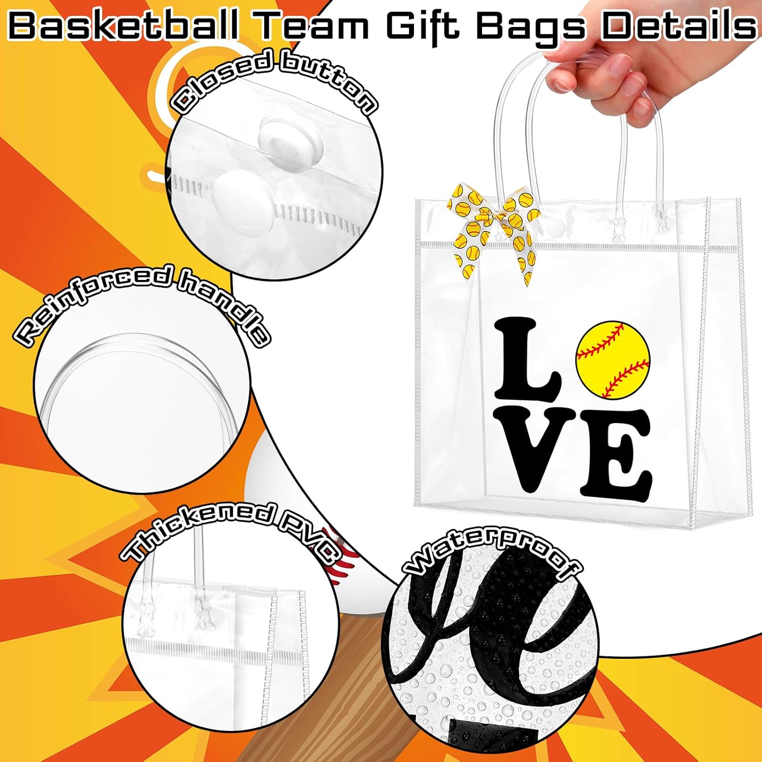 Vicenpal 24 Sets Clear Softball Gift Bag with Handles 24 Pcs Bows PVC Plastic Softball Treat Goodie Snack Bags 7.9 x 7.9 x 3.1'' Sport Theme Party Favors for Birthday Holiday Sports Team Gifts
