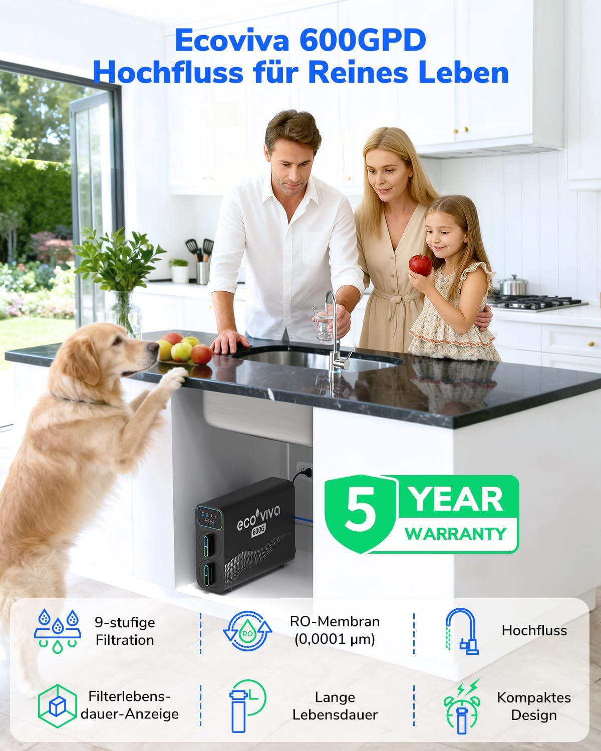 Ecoviva E6 600 GPD Osmoseanlage Trinkwasser, Untertisch Umkehrosmoseanlage, 9-stufige Filterung RO Osmose Wasserfilter, Reduziert TDS, 2.5:1 Spar-Verhältnis, Tanklos, Schwarz