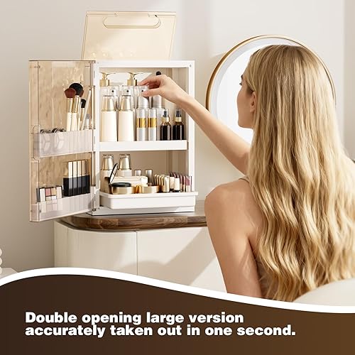 Miniatura 8 de Organizador de maquillaje con cajones, organizador de cuidado de la piel para tocador, vitrina grande de cosméticos con asa, organizadores de