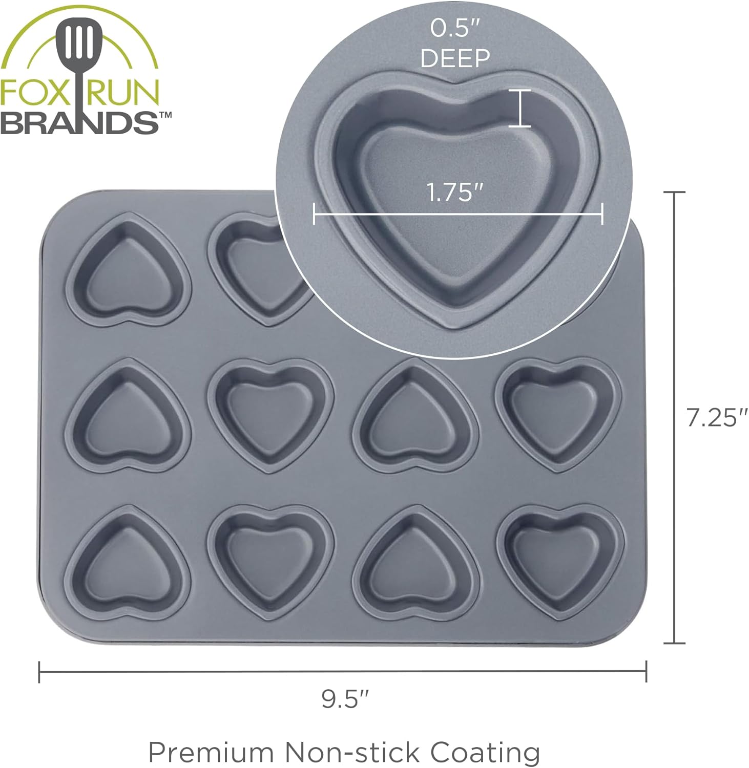 Fox Run Mini Heart Muffin Pan, 12-Cup, Preferred Non-Stick, Gray - Image 6