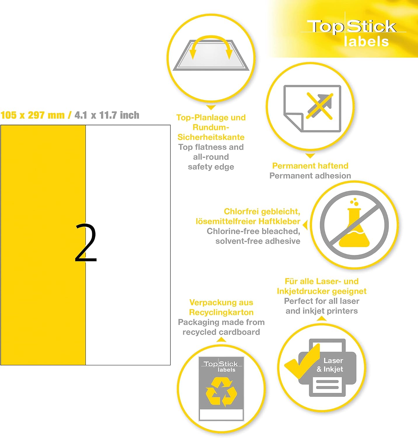 TopStick Self Adhesive Multipurpose Labels, 2 Labels per A4 Sheet, 100 Sheets, 105 x 297 mm, 200 Labels, Blank Universal Labels Stickers, Sticky Labels for Laser & Inkjet Printer, White
