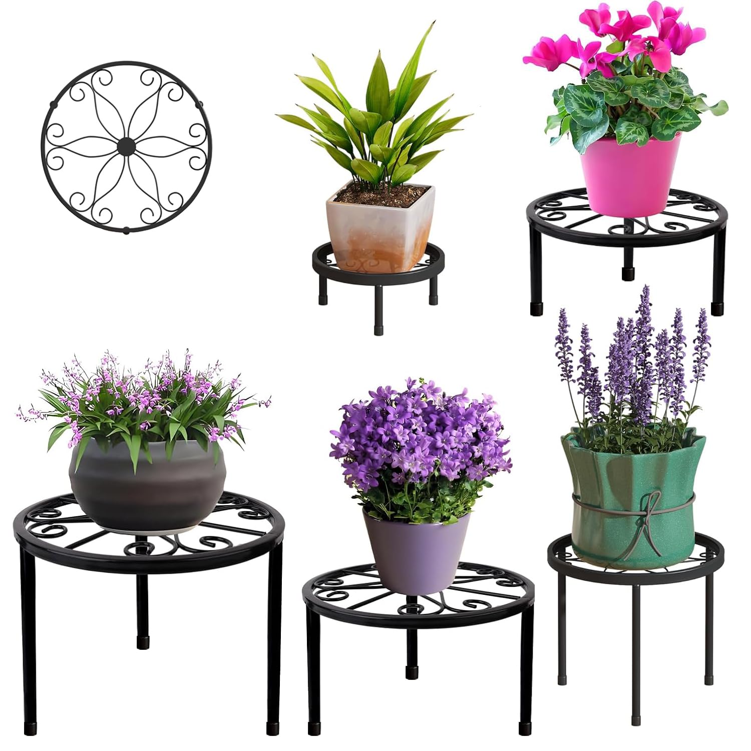 ibforcty 5-Pack Metal Plant Stands, Heavy Duty Flower Pot Stands for Multiple Plant, Anti-Rust Iron Plant Pot Shelf, Decoration Racks for Planter, Potted Plant Holder for Garden Home