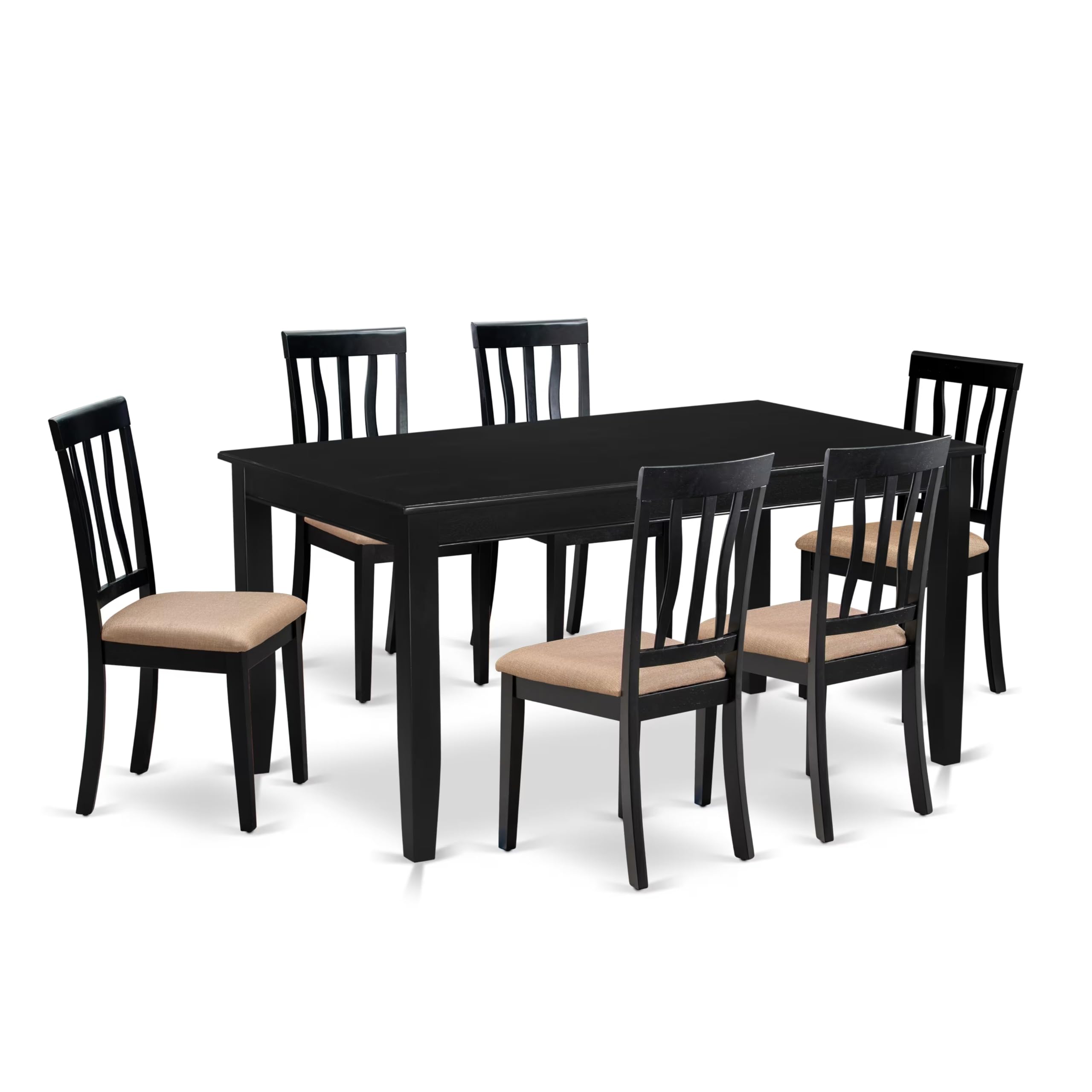 East West Furniture DUAN7-BLK-C black dining table set with 6 linen upholstered chairs