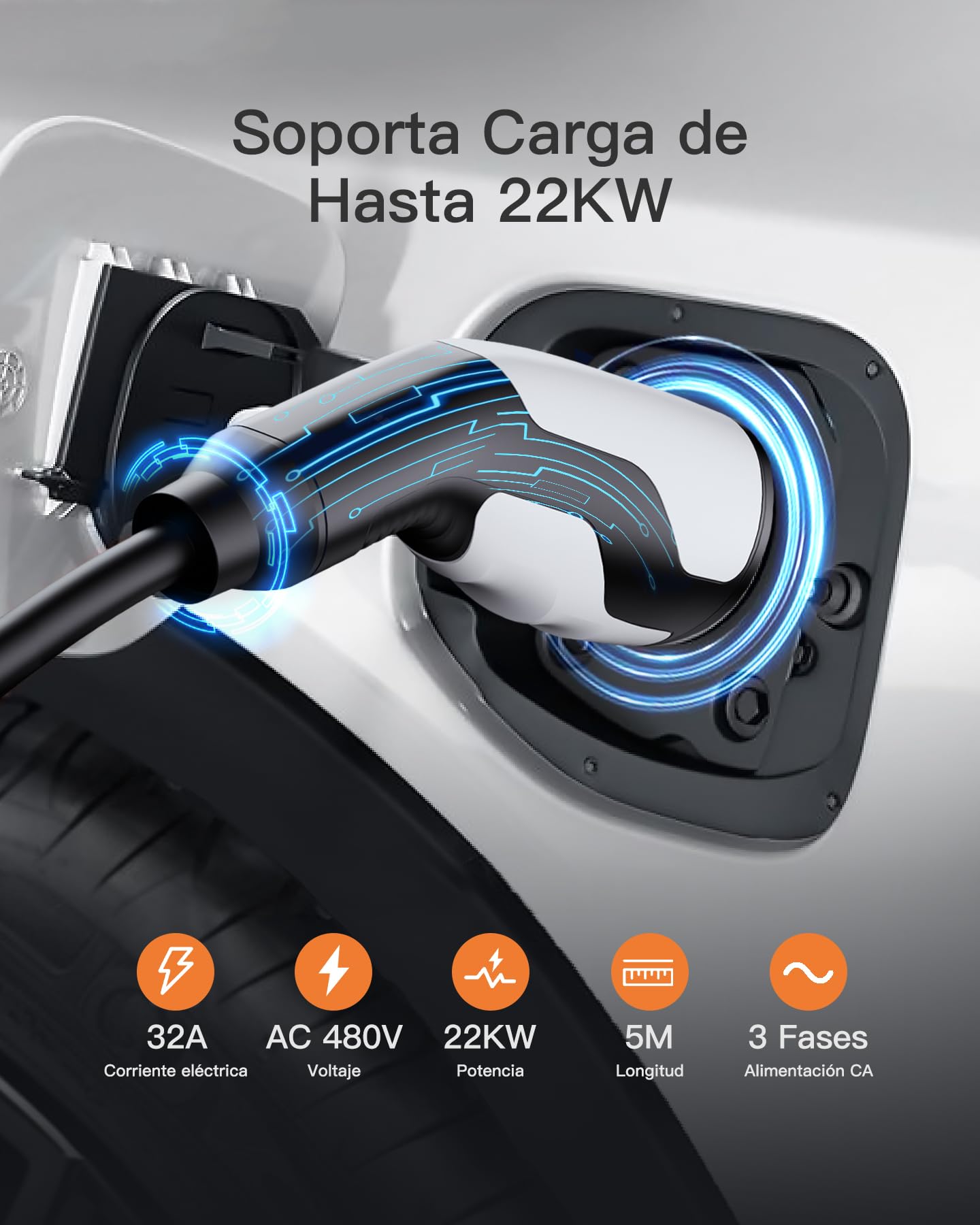 tomons Cable de Carga Coche Electrico Tipo 2, 22 KW 32A Electricidad Trifásica 5M, para EVs y PHEVs, Compatible con Modelo S/X/Y/3, ID.3, ID.4, E-Tron, ZOE, Kona, I3, con CE/TUV, EV1001