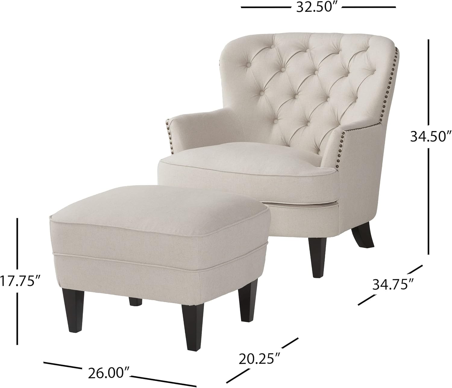 GDFStudio Christopher Knight Home Karen Traditional Chesterfield Loveseat Sofa, Beige and Dark Brown, 61.75 x 33.75 x 27.75 & Great Deal Furniture Alfred Fabric Club Chair, Natural with Ottoman : Home & Kitchen