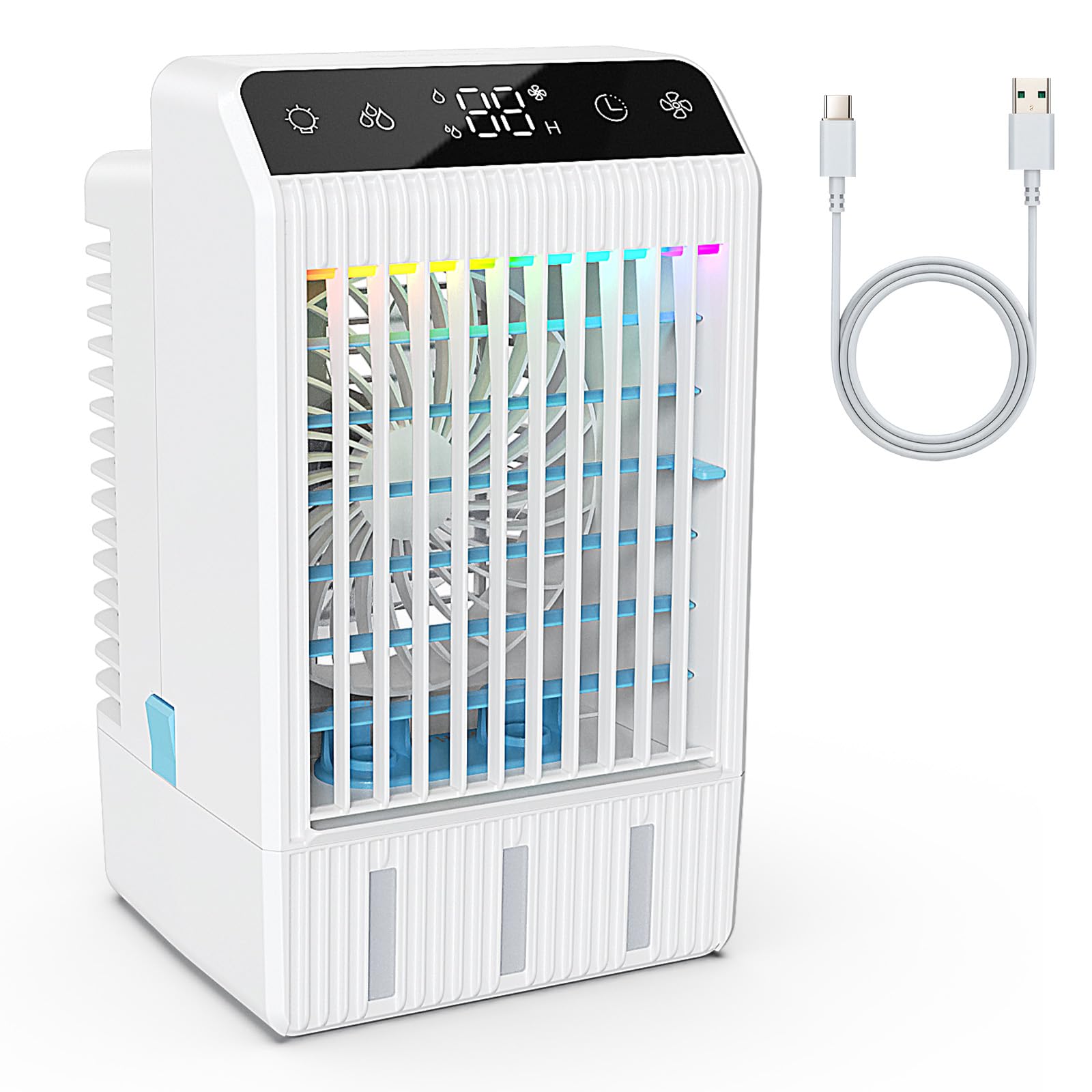 Mobile Portable Air Conditioners with Display, 1000ml Mini Air Conditioner 4-in-1 Air Cooler Humidifier Mini AC with Dual Spray & 7 Colors Light, 4 Speeds Timing Air Conditioner Cooling Fan