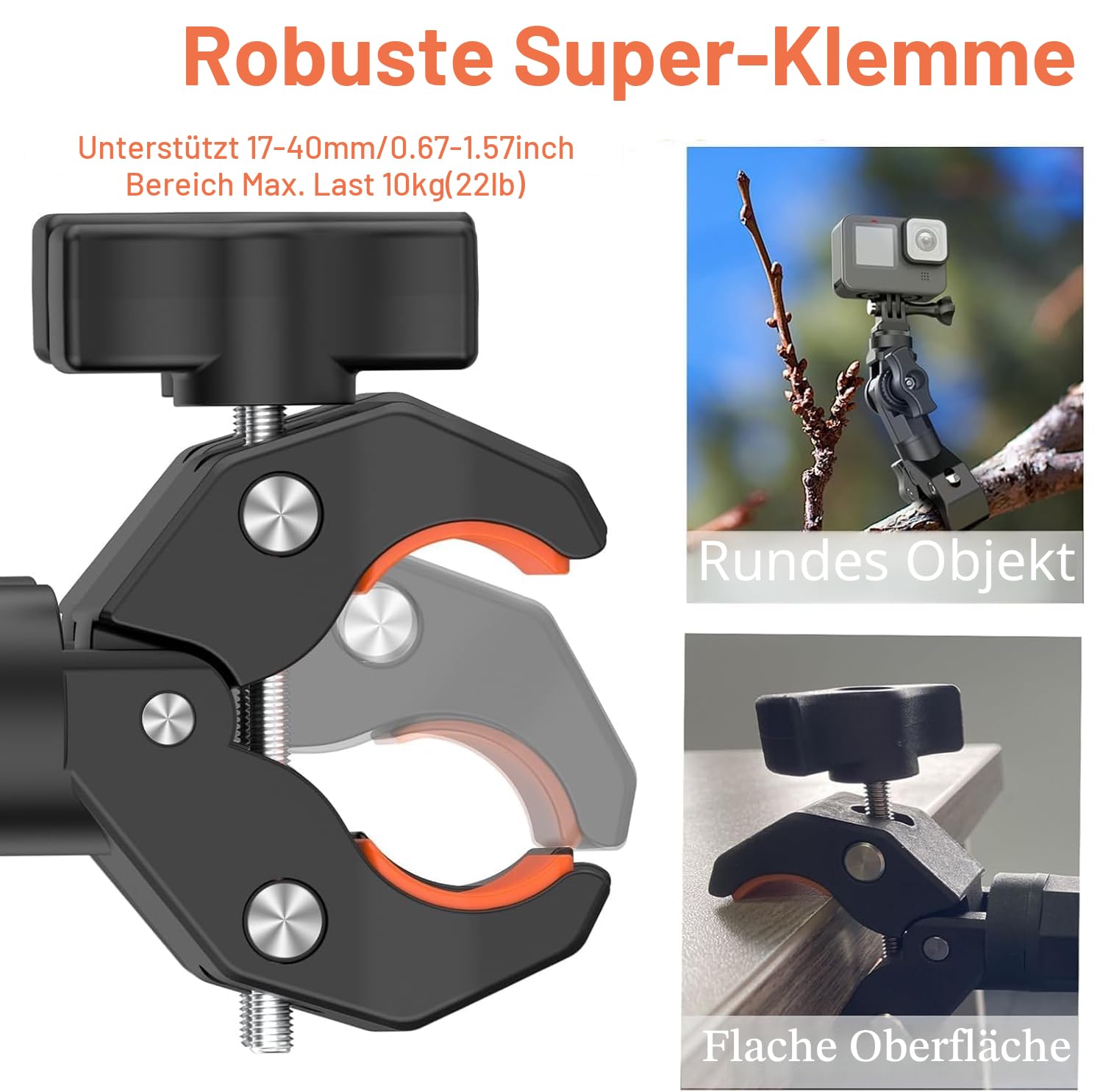 UNSTINCER Fahrrad Motorrad Lenker Kamera Halterung Schwerlast Klemme, Super Clamp mit 1/4 Gewinde und Action Cam Adapter, Selfie Stick Mount für Gopro Insta360 X5 DJI Akaso DSLR Monitor Stativ